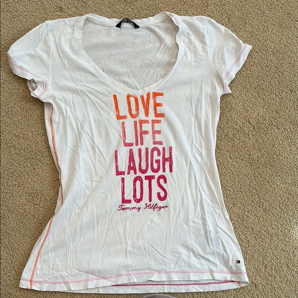 Tommy Hilfiger Women's White Tee with Pink and Orange Graphic